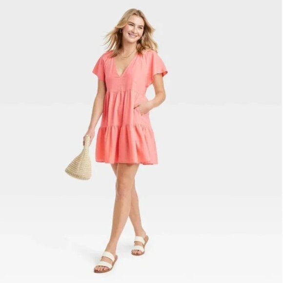 Flutter Short Sleeve Mini Skater Dress - UniThread - Coral Pink - Picture 2 of 8